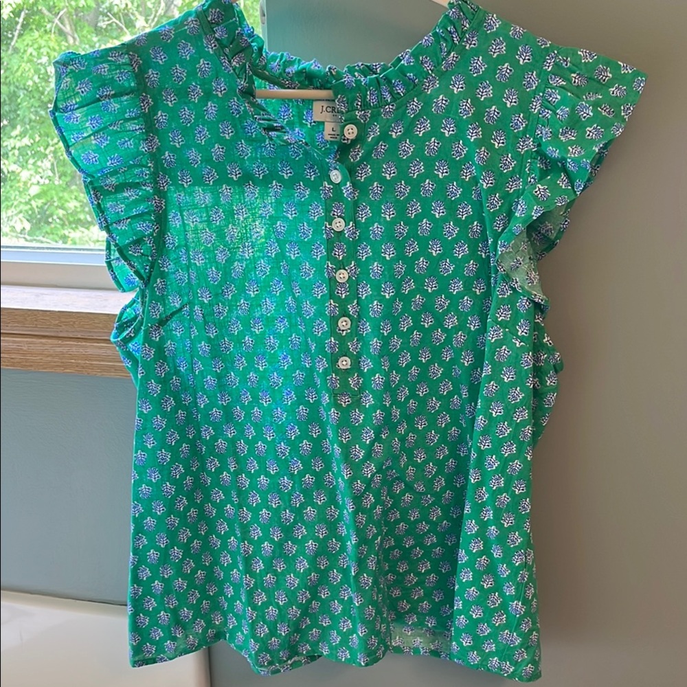 J. Crew Factory Green Blouse with Flutter Sleeves